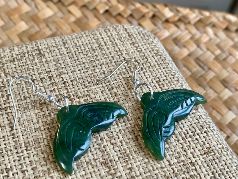 NZ Pounamu drop earrings - whale tail