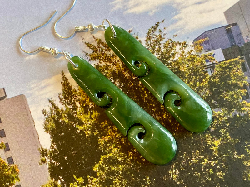 NZ Pounamu drop earrings - double koru