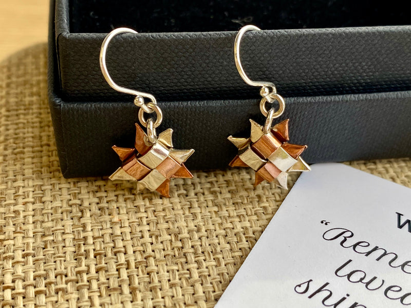 Woven Whetu Star Earrings - silver and copper