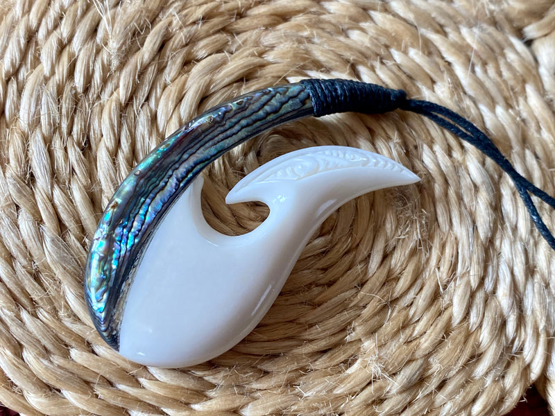 Bone/Paua Hei Matau Pendant