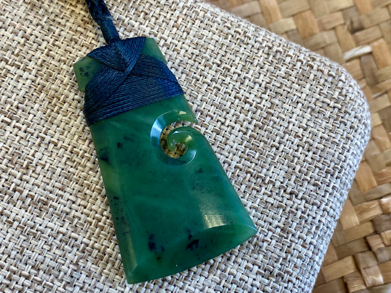 NZ Pounamu Toki pendant with koru medium