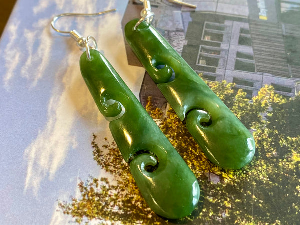NZ Pounamu drop earrings - double koru
