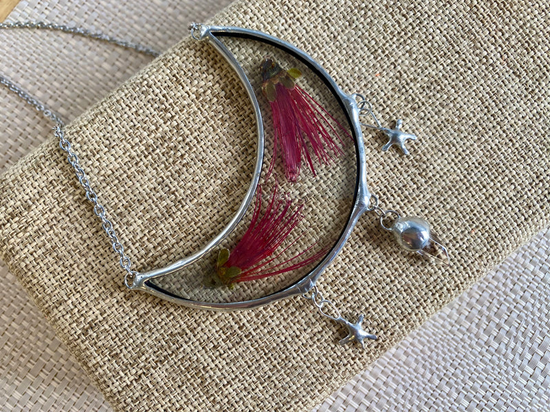 Magpie Castle Pohutukawa necklace with quartz crystal