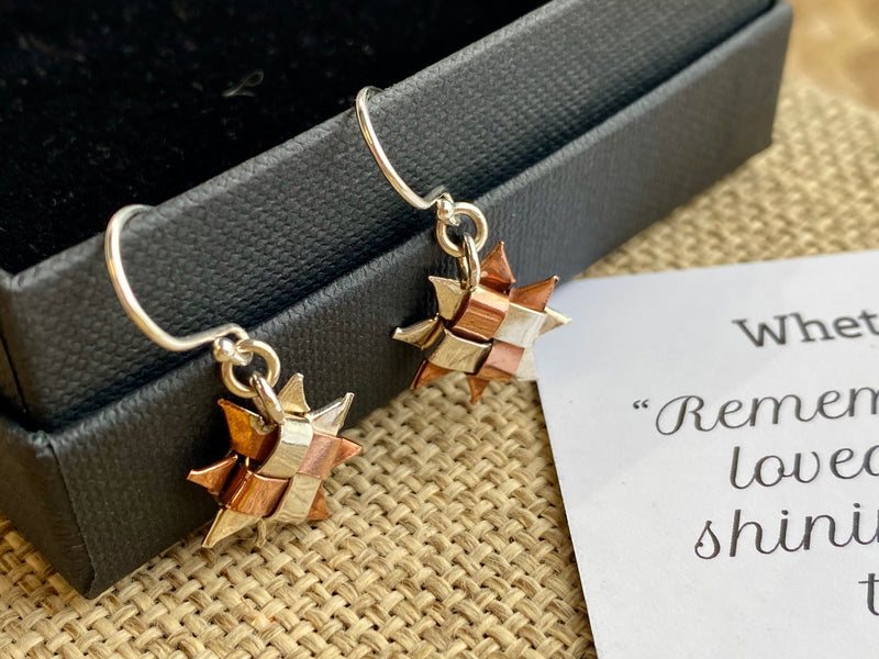 Woven Whetu Star Earrings - silver and copper