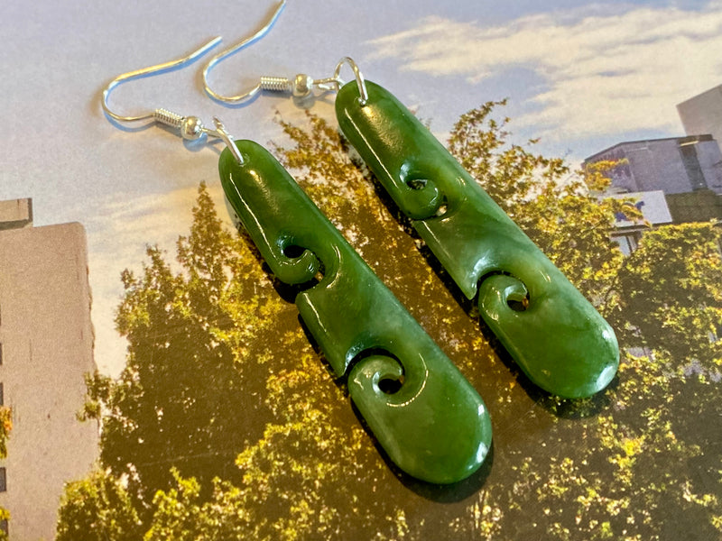 NZ Pounamu drop earrings - double koru
