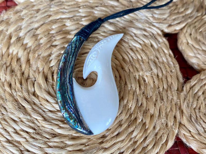 Bone/Paua Hei Matau Pendant