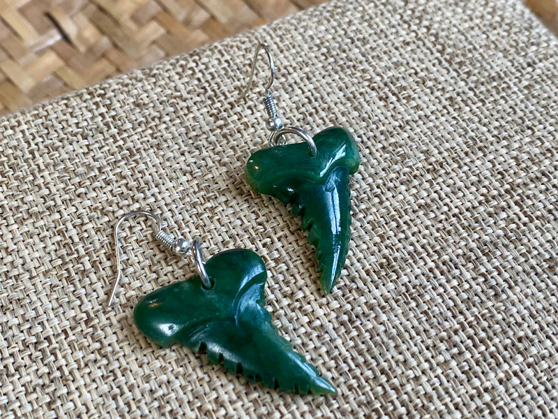 NZ Pounamu drop earrings - shark tooth