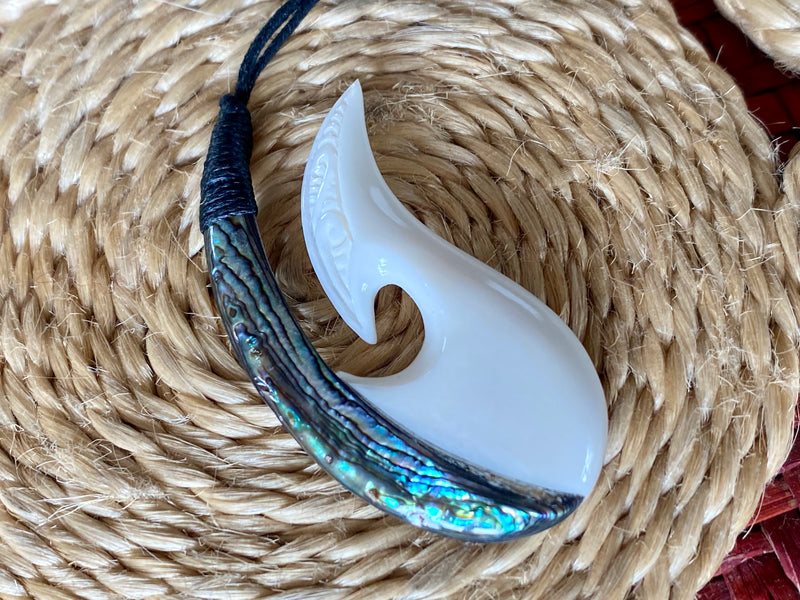 Bone/Paua Hei Matau Pendant