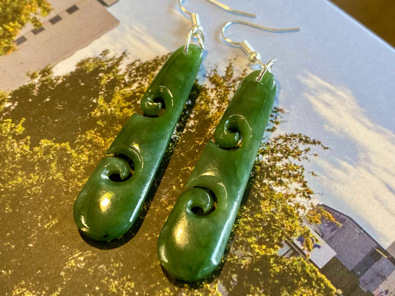 NZ Pounamu drop earrings - double koru