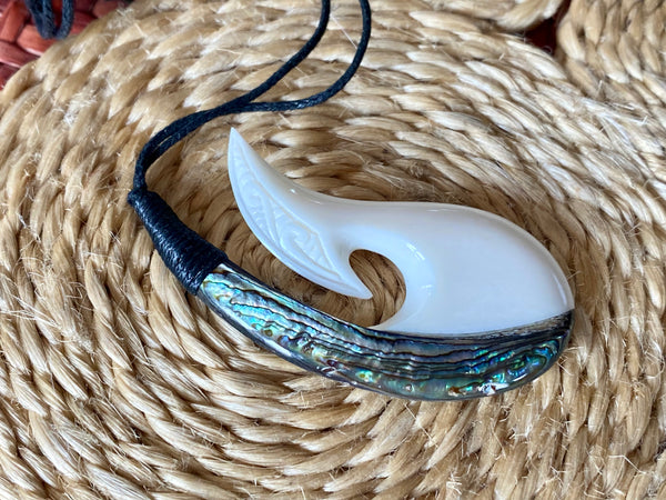 Bone/Paua Hei Matau Pendant