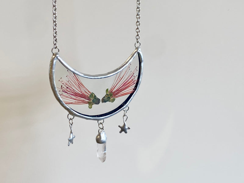 Magpie Castle Pohutukawa necklace with quartz crystal