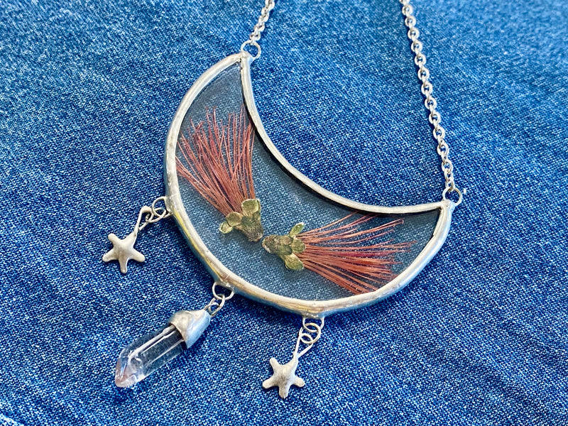 Magpie Castle Pohutukawa necklace with quartz crystal