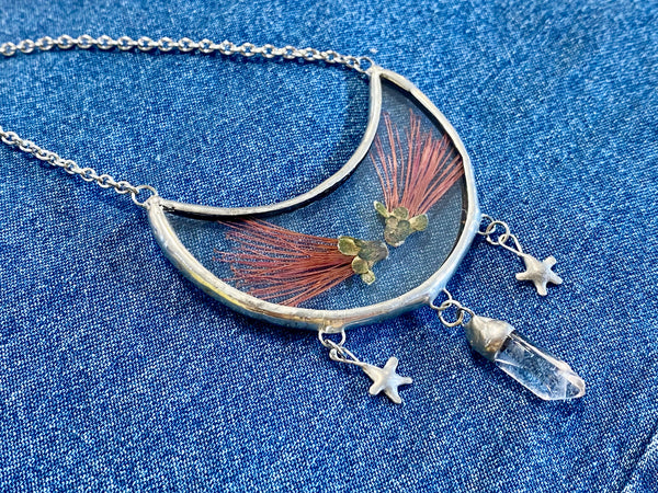 Magpie Castle Pohutukawa necklace with quartz crystal