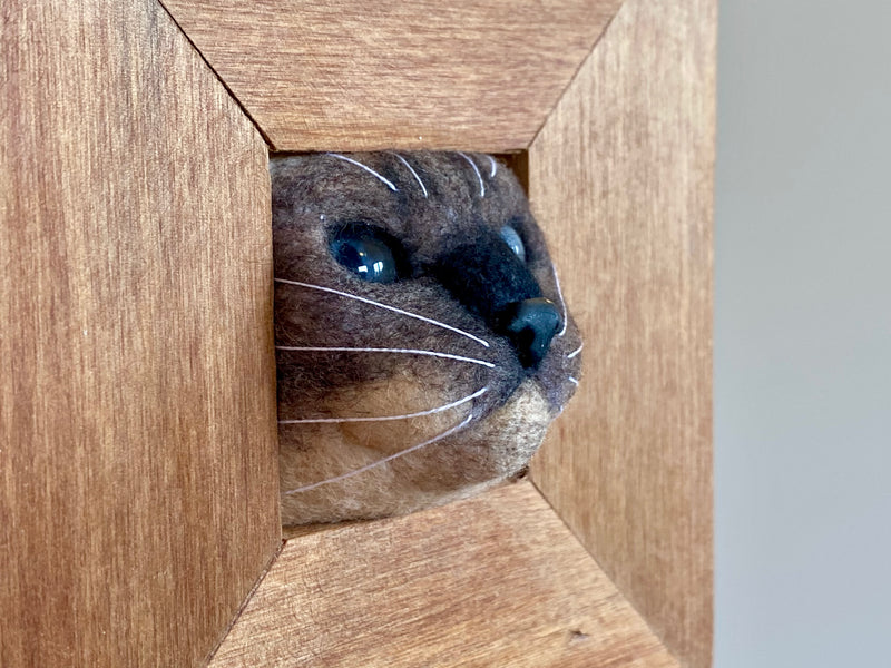 Handfelted Cat in Frame - brown and seal