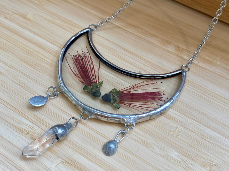 Magpie Castle Pohutukawa necklace with quartz crystal