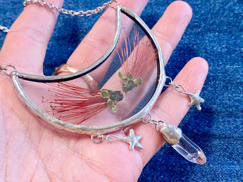 Magpie Castle Pohutukawa necklace with quartz crystal