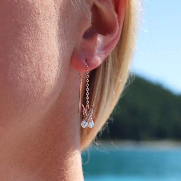 Little Taonga earrings - Crossed Huia Feather threads