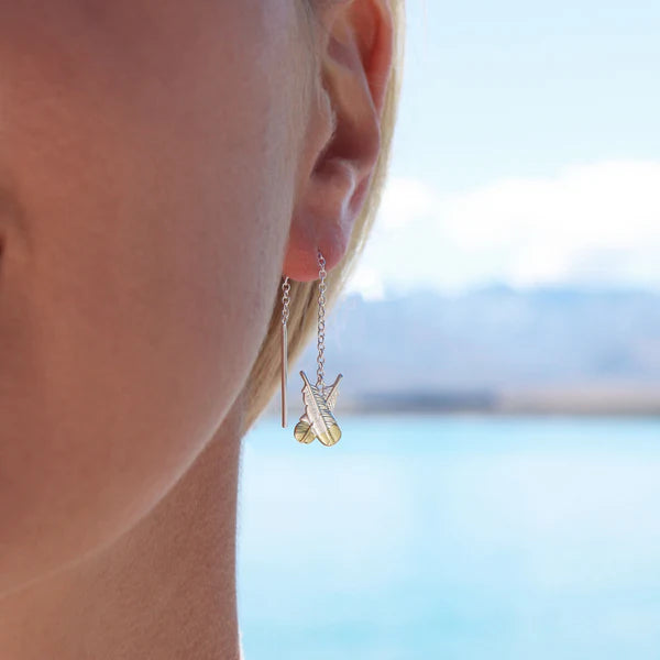 Little Taonga earrings - Crossed Huia Feather threads