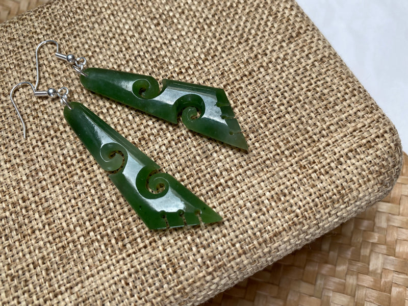 NZ Pounamu drop earrings - double koru triangle